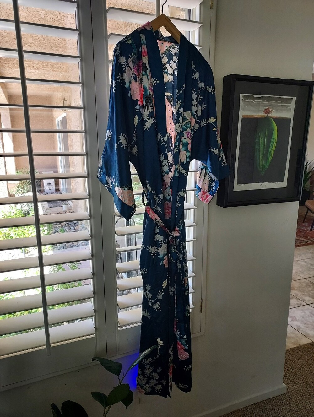 Kim + Ono Long Royal Blue Floral Satin Kimono Robe